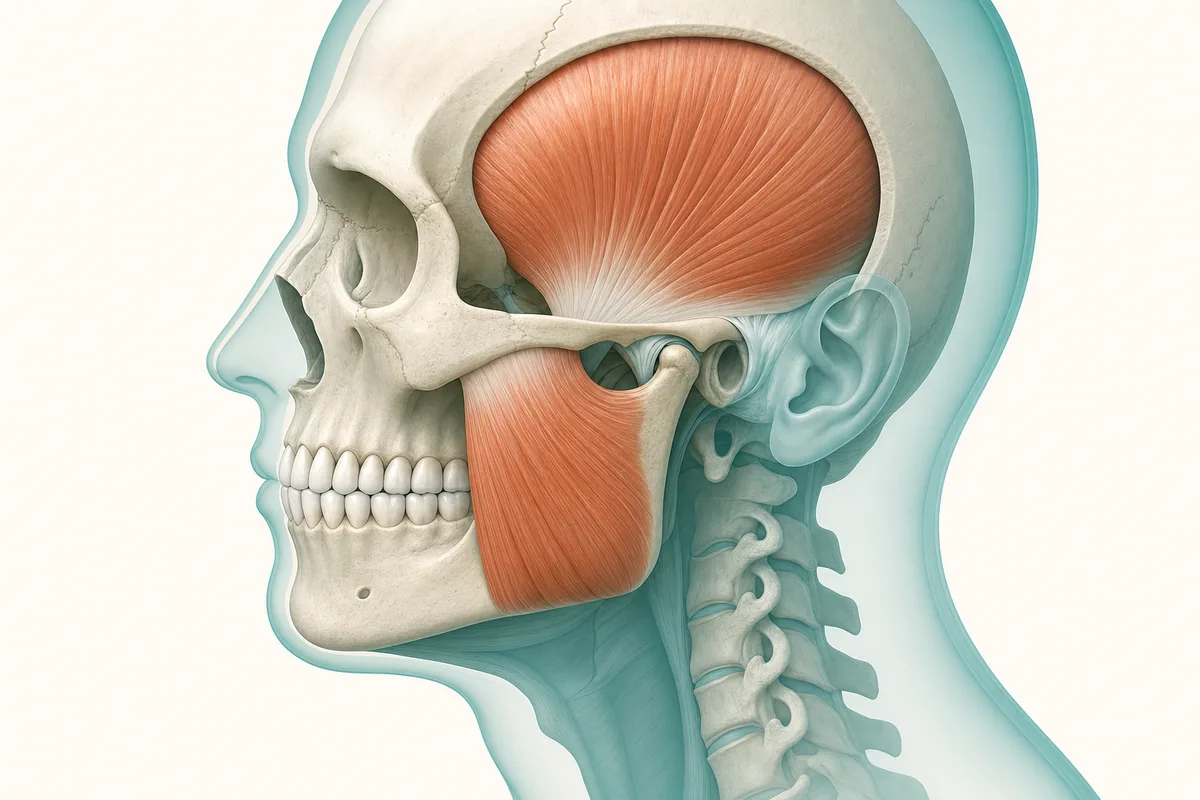 ilustração de corte lateral do rosto mostrando o músculo masseter e o temporal contraídos, com os dentes em contato, sem foto de paciente real