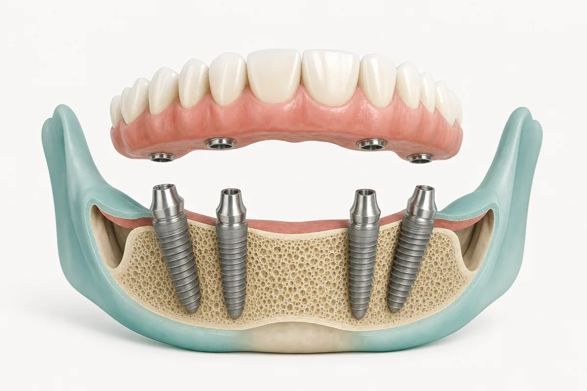 Ilustração de arcada inferior com quatro implantes de titânio e prótese protocolo fixa parafusada sobre eles