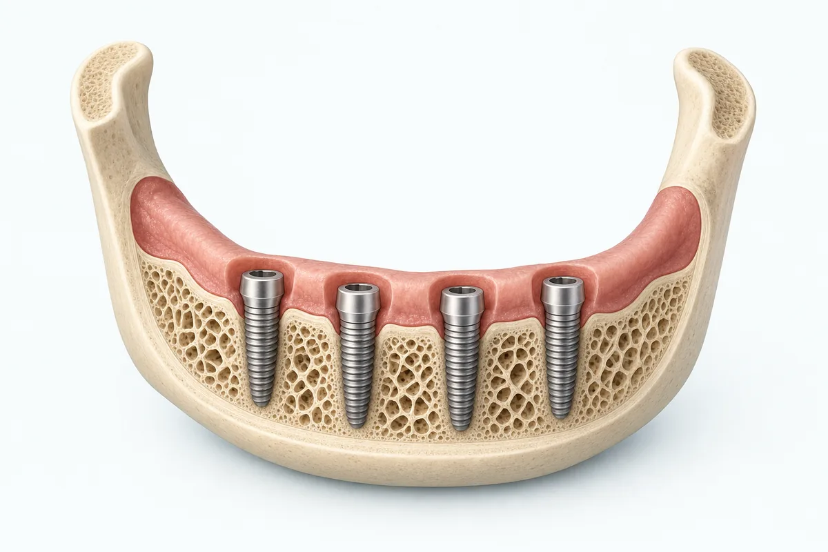 Corte anatômico de mandíbula com quatro implantes de titânio integrados ao osso trabecular