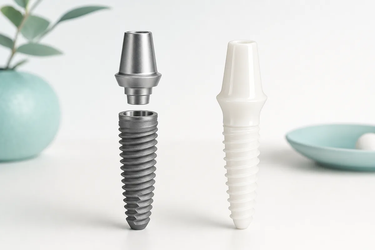 materiais — ilustração comparativa de dois implantes lado a lado, um de titânio cinza em duas peças com parafuso protético destacado, e um de zircônia branco monobloco. ALT: Comparação ilustrada entre