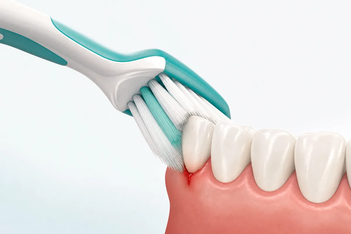 ilustração da progressão em quatro estágios, de gengiva saudável a periodontite, mostrando a redução do nível ósseo ao redor da raiz do dente