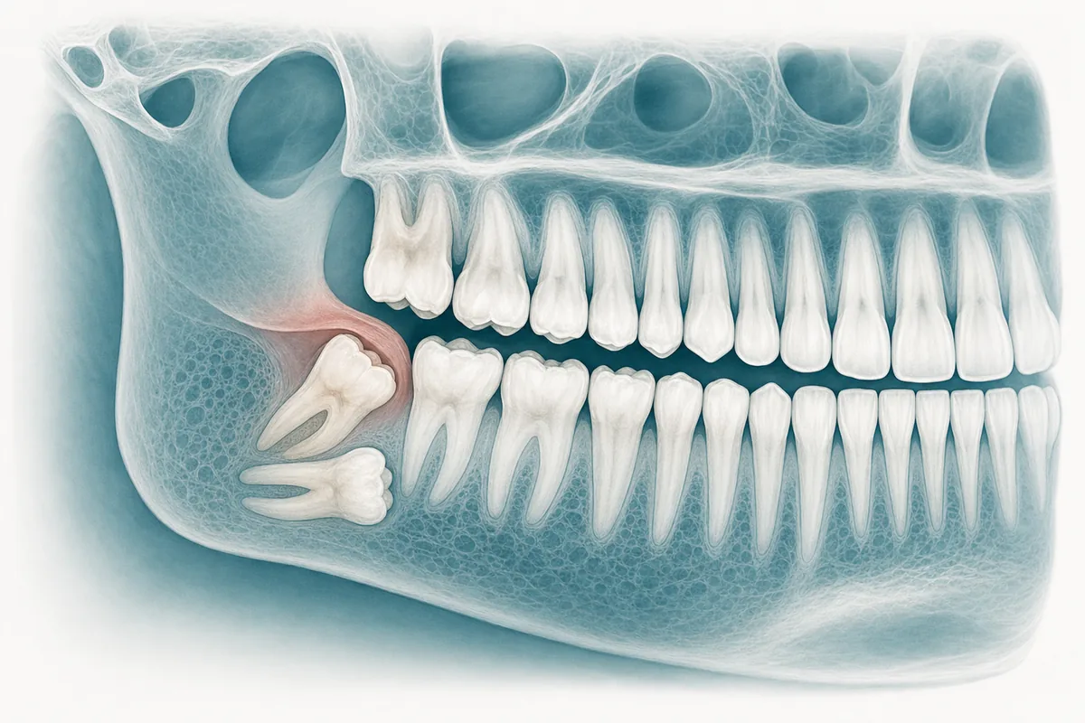 radiografia panorâmica esquematizada mostrando siso irrompido, siso semi-incluso e siso deitado no mesmo desenho, sem dados de paciente
