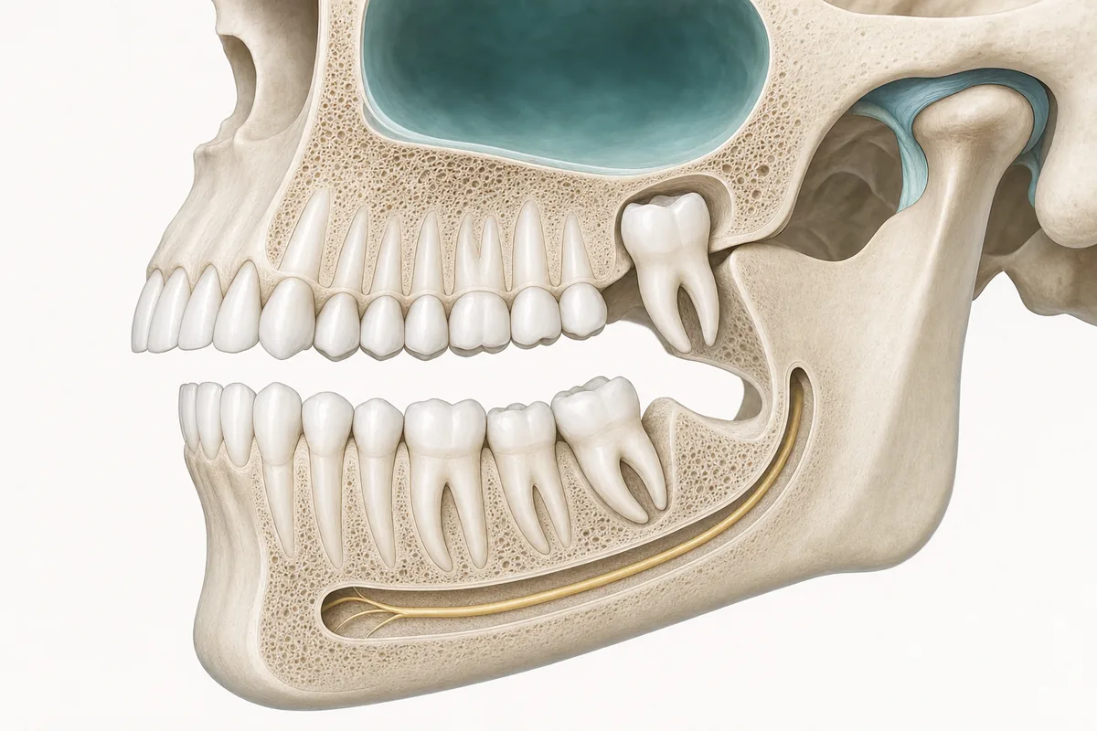 esquema em corte lateral comparando siso superior próximo ao seio maxilar e siso inferior próximo ao canal do nervo alveolar inferior