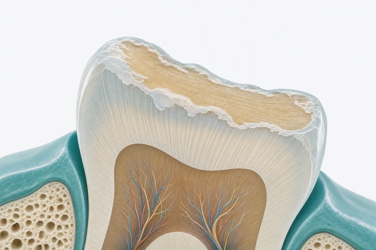 Bancada de banheiro com escova de dentes, creme dental e fio dental organizados, luz natural, sem rótulos de marca visíveis.
