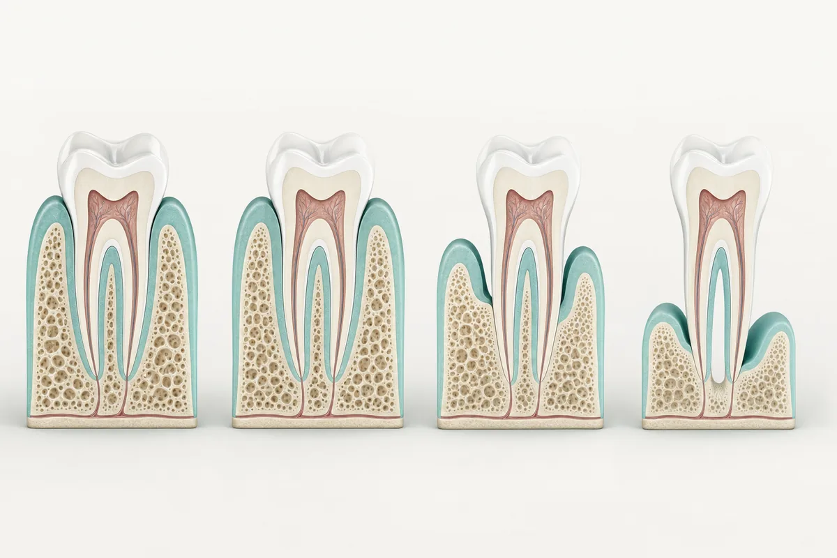 profissional de odontologia realizando sondagem periodontal com sonda milimetrada, em close, com foco no instrumento e na gengiva, sem identificação do rosto do paciente