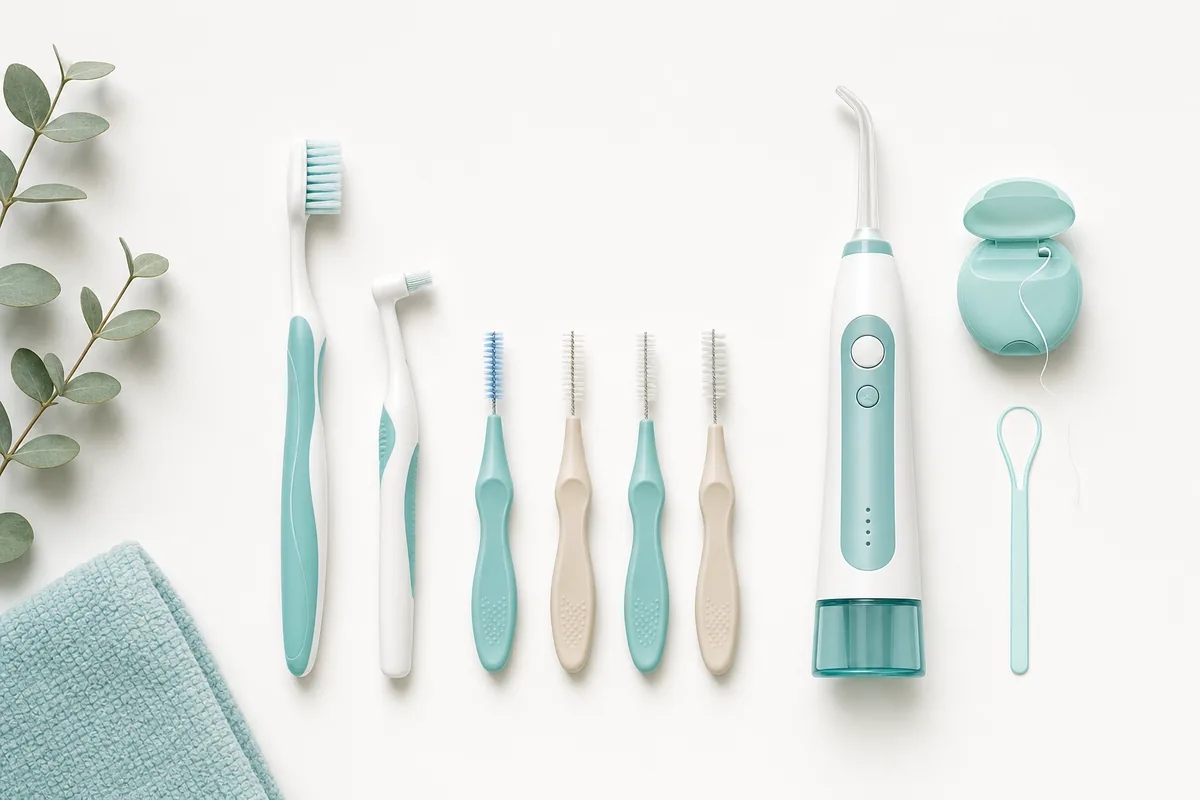 Kit de higiene para prótese protocolo: escova extramacia, escova unitufo, escovas interdentais, irrigador oral e passa-fio