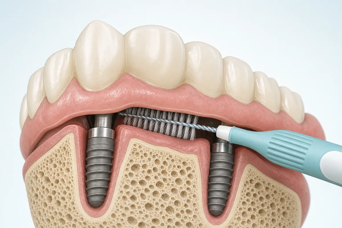 Corte lateral mostrando o vão entre a base da prótese protocolo e a gengiva, com escova interdental passando pelo espaco
