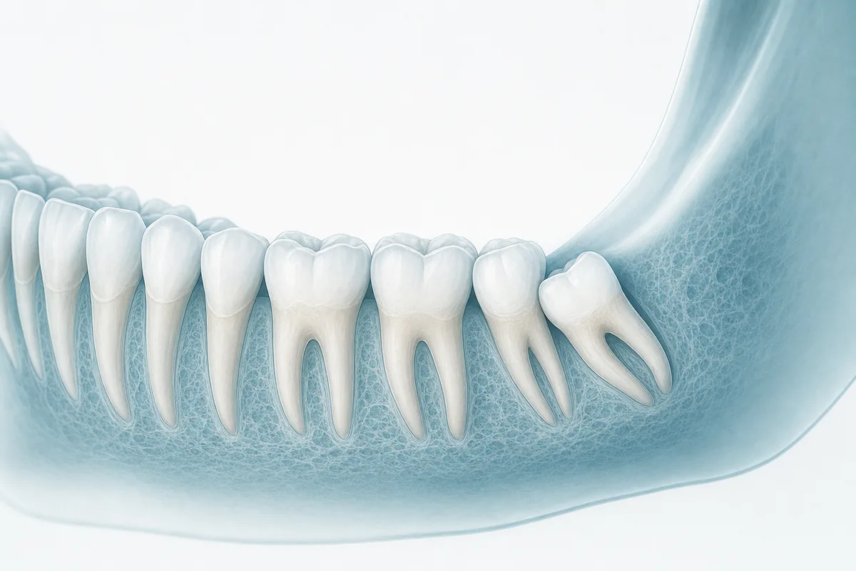 radiografia panorâmica mostrando os quatro sisos, com destaque para um siso inferior inclinado contra o segundo molar, ilustrando a falta de espaço na arcada