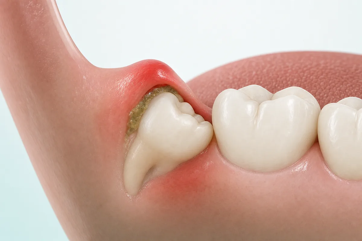ilustração odontológica de um siso inferior parcialmente irrompido com o capuz gengival (opérculo) cobrindo parte da coroa e acúmulo de biofilme no bolso formado embaixo