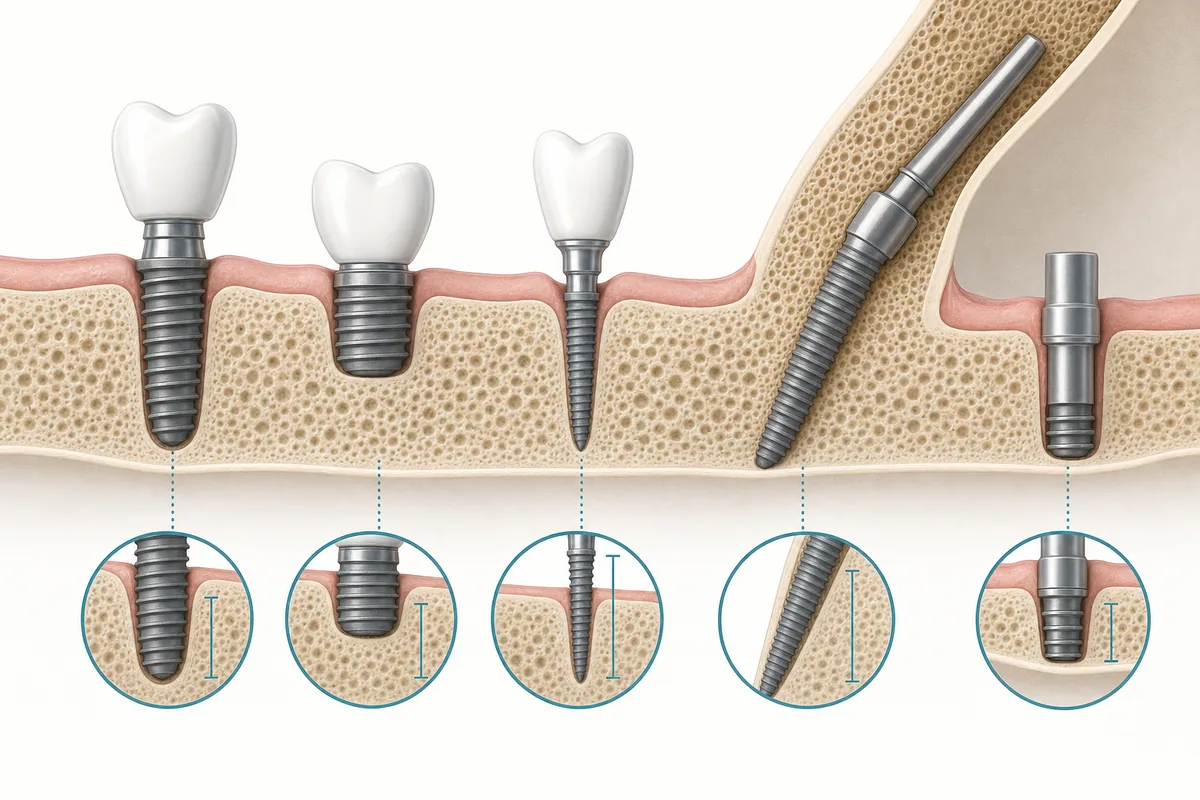 esquema em corte lateral mostrando implante convencional, curto, mini, zigomático e cortical, com a diferença de ancoragem óssea de cada um destacada