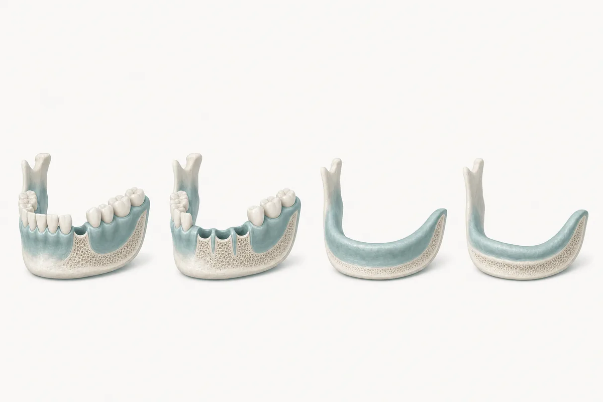 ilustração comparando quatro situações clínicas lado a lado — falta de um dente, falta de três dentes seguidos, arcada completa sem dentes e arcada com osso reabsorvido — sem foto de paciente real