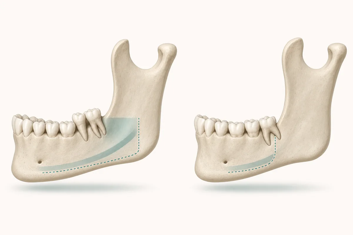 comparação esquemática entre mandíbula ancestral mais larga com espaço para o terceiro molar e mandíbula contemporânea com arco menor