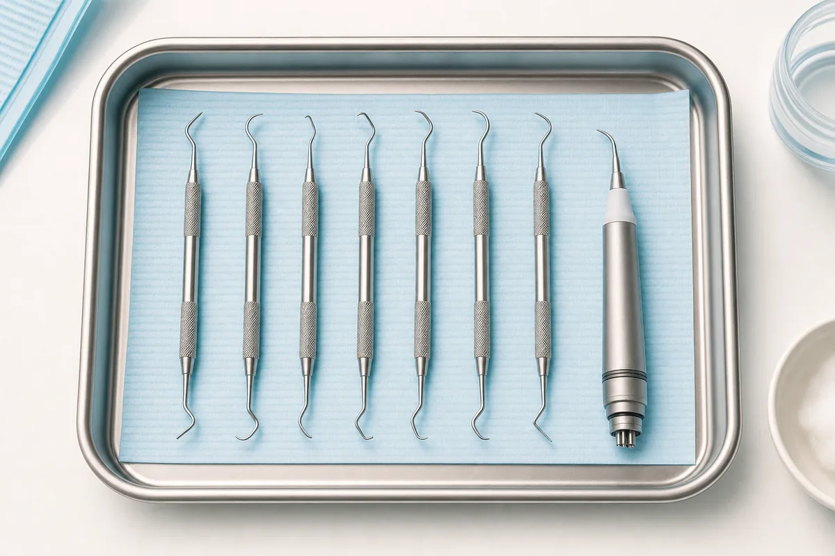 Consultório odontológico iluminado, dentista com luvas segurando sonda periodontal milimetrada, foco no instrumento e desfoque suave no fundo, sem rosto de paciente identificável