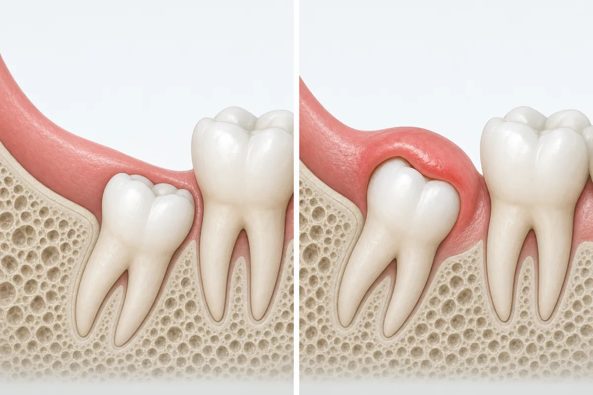 ilustração comparando gengiva saudável ao redor do siso em erupção e gengiva com opérculo inflamado sobre o dente parcialmente exposto