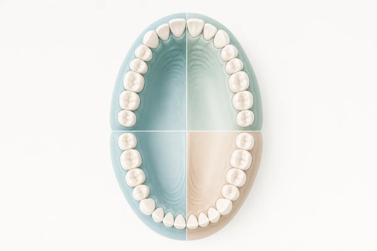 Detalhe de escova de dentes macia, fio dental e escova interdental dispostos sobre superfície clara e neutra, luz natural, composição limpa