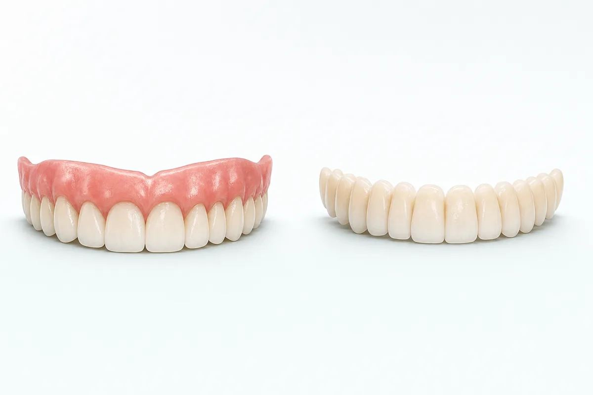 Duas próteses protocolo lado a lado: uma com flange de resina rosa simulando gengiva e outra sem a porção rosa