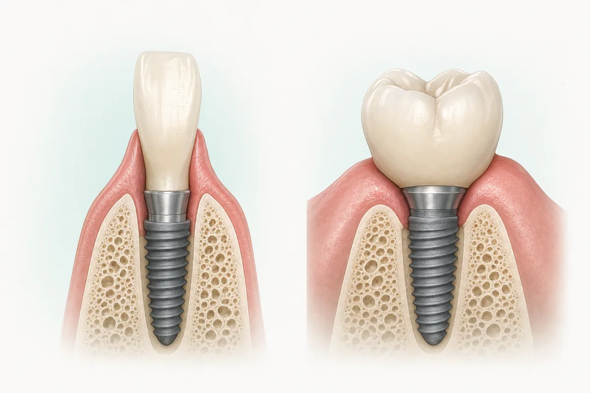 ilustração comparando a emergência de um implante em região anterior e em região posterior, com destaque para o contorno gengival