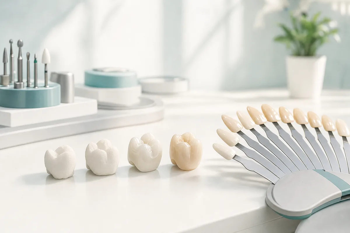 bancada de laboratório protético com coroas de zircônia em diferentes estágios de acabamento e escala de cor dental ao lado