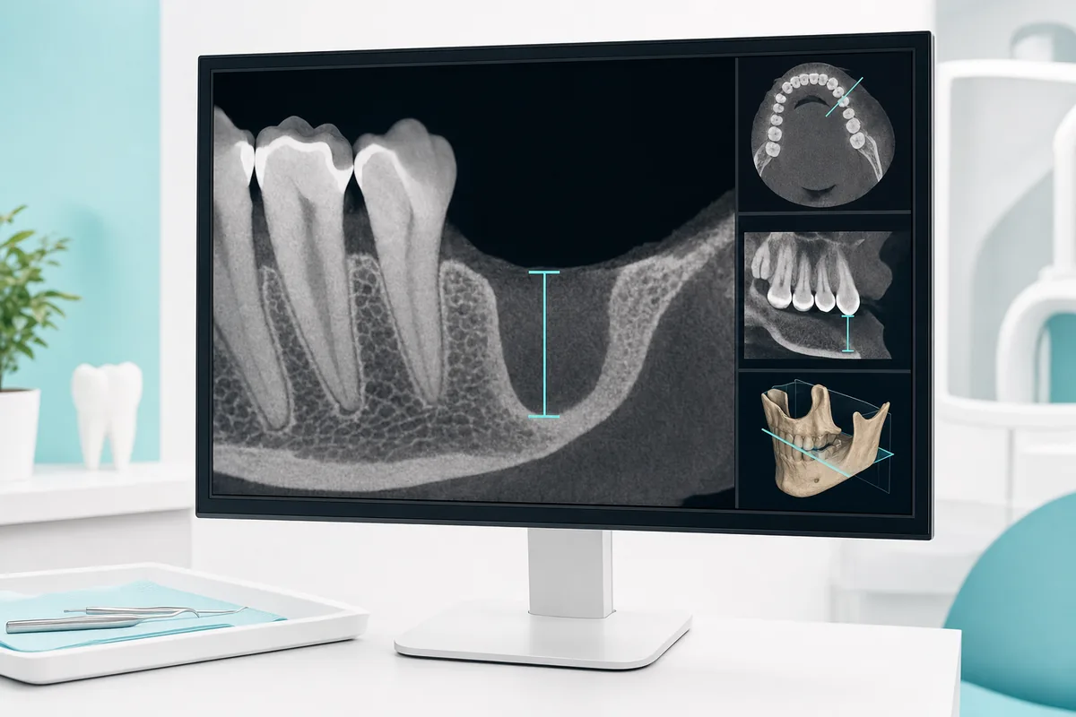 tomografia computadorizada odontológica em tela, com corte mostrando a altura de osso disponível na região de um dente ausente