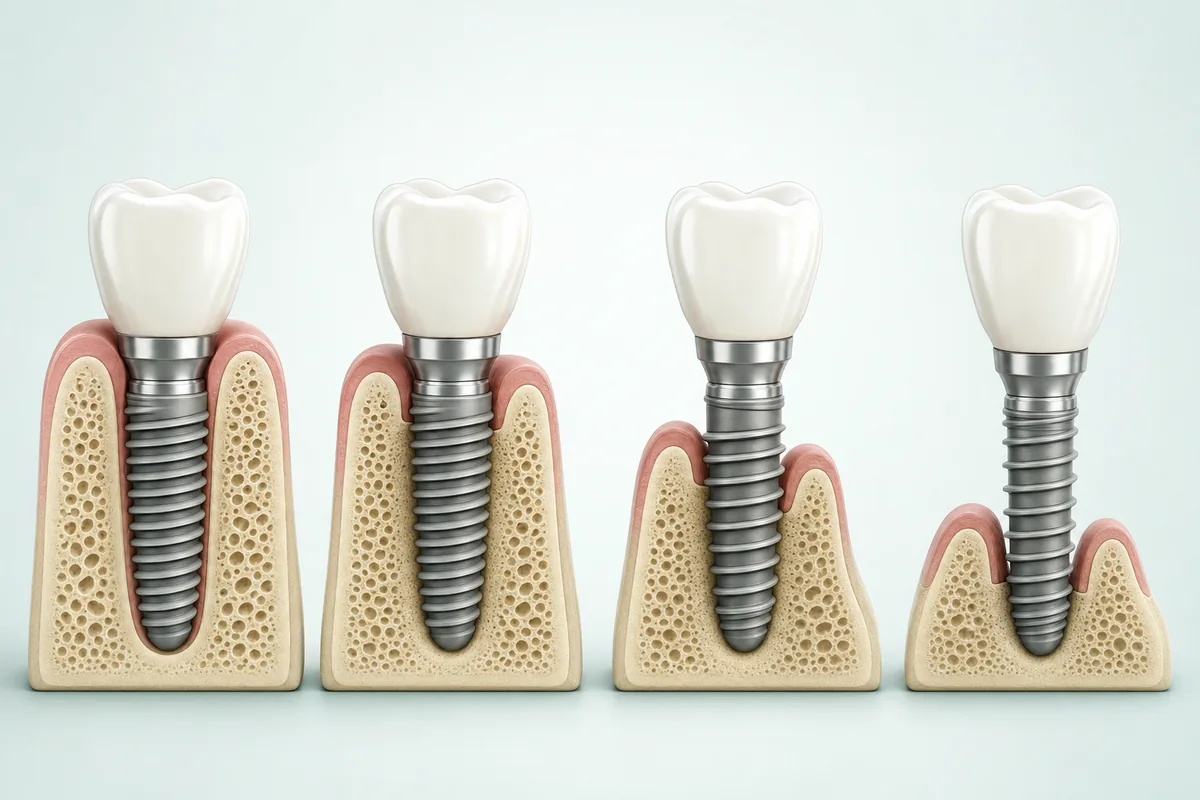 infográfico dos quatro estágios da peri-implantite lado a lado, mostrando progressão da perda óssea ao redor do implante, do tecido saudável até o implante com pouco suporte