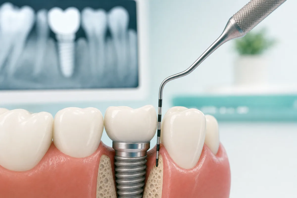 ilustração de uma consulta de manutenção — profissional examinando a região de um implante com sonda periodontal, ao lado de uma radiografia periapical exibida em tela mostrando o nível ósseo