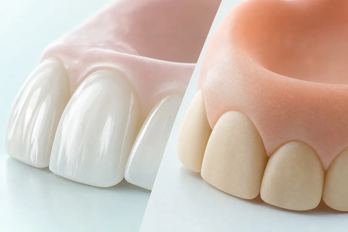Comparação macro entre superfície cerâmica polida e superfície de resina acrílica de prótese dentária