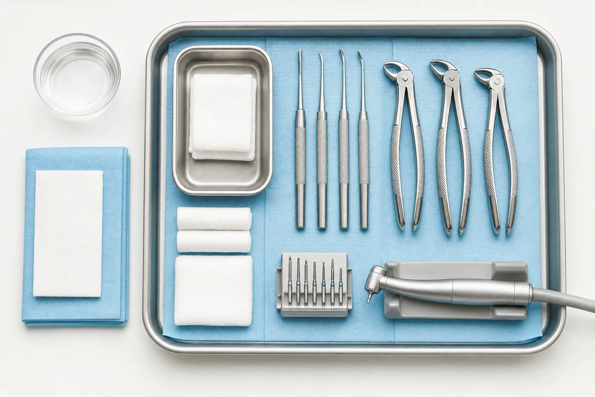 mesa cirúrgica odontológica montada com instrumental estéril para exodontia de terceiro molar, campo azul e material organizado