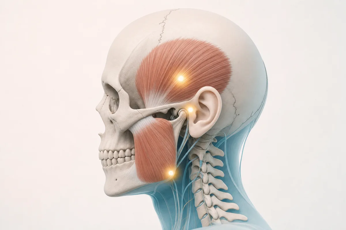 Diagrama dos músculos temporal e masseter na lateral do rosto com os pontos de dor associados ao bruxismo