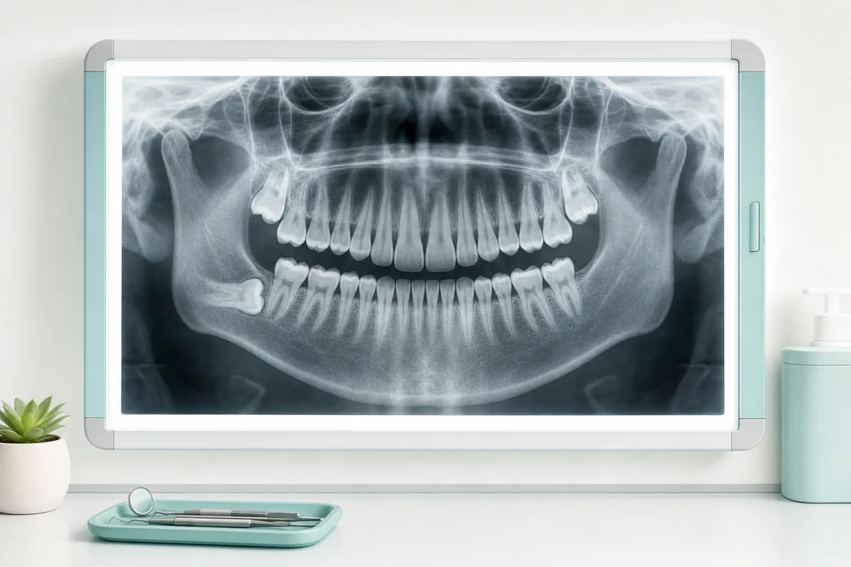 radiografia panorâmica em negatoscópio mostrando os quatro sisos, com o inferior esquerdo em posição horizontalizada sob o segundo molar