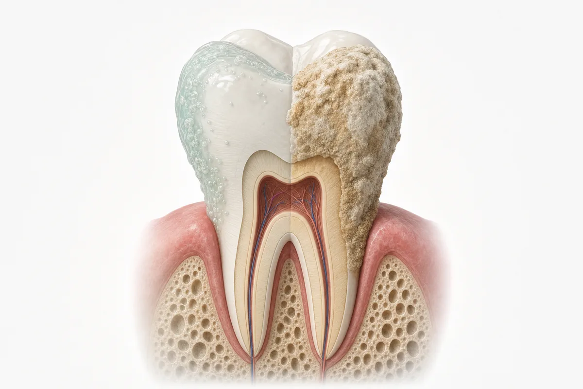 ilustração comparativa em corte mostrando gengiva saudável, gengiva com tártaro supragengival e inflamação, e o estágio com bolsa periodontal e depósito subgengival junto à raiz