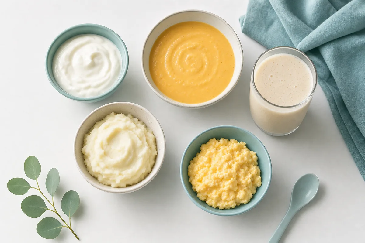 mesa vista de cima com alimentos indicados no pós-operatório: iogurte natural, sopa morna batida, purê, ovos mexidos, vitamina de banana em copo sem canudo