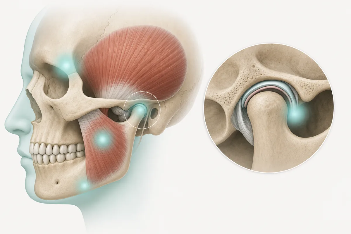 Ilustração anatômica dos músculos masseter e temporal e da articulação temporomandibular com destaque nas áreas de dor
