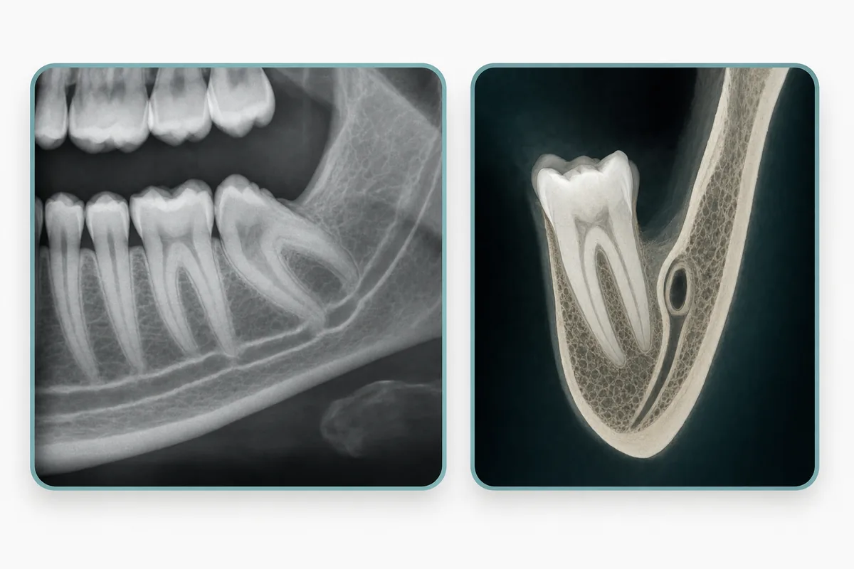 comparação lado a lado — à esquerda, recorte de radiografia panorâmica com o siso inferior e o canal mandibular sobrepostos e a linha do canal interrompida; à direita, corte tomográfico da mesma regiã