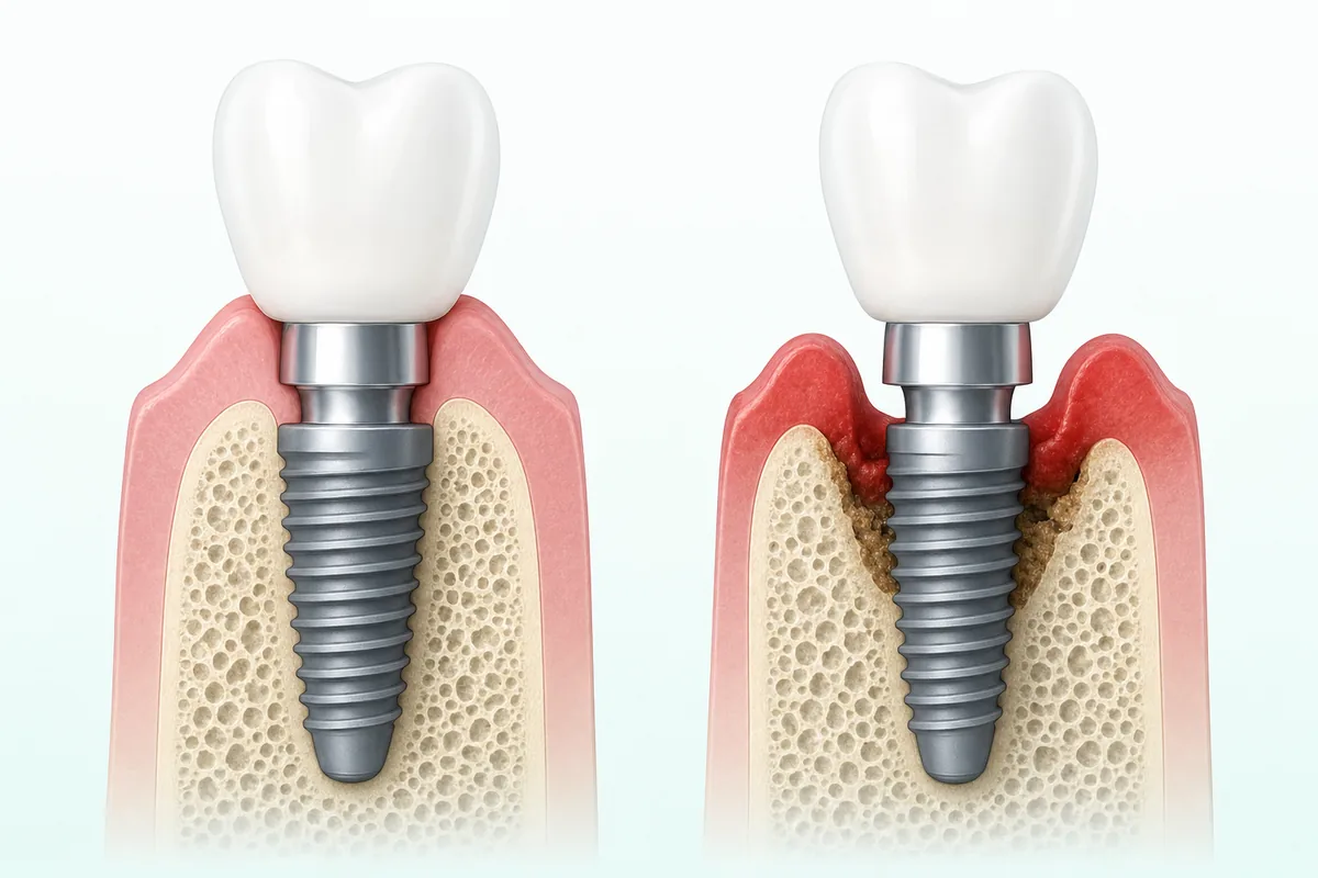 Comparação entre implante com gengiva e osso saudáveis e implante com peri-implantite e perda óssea