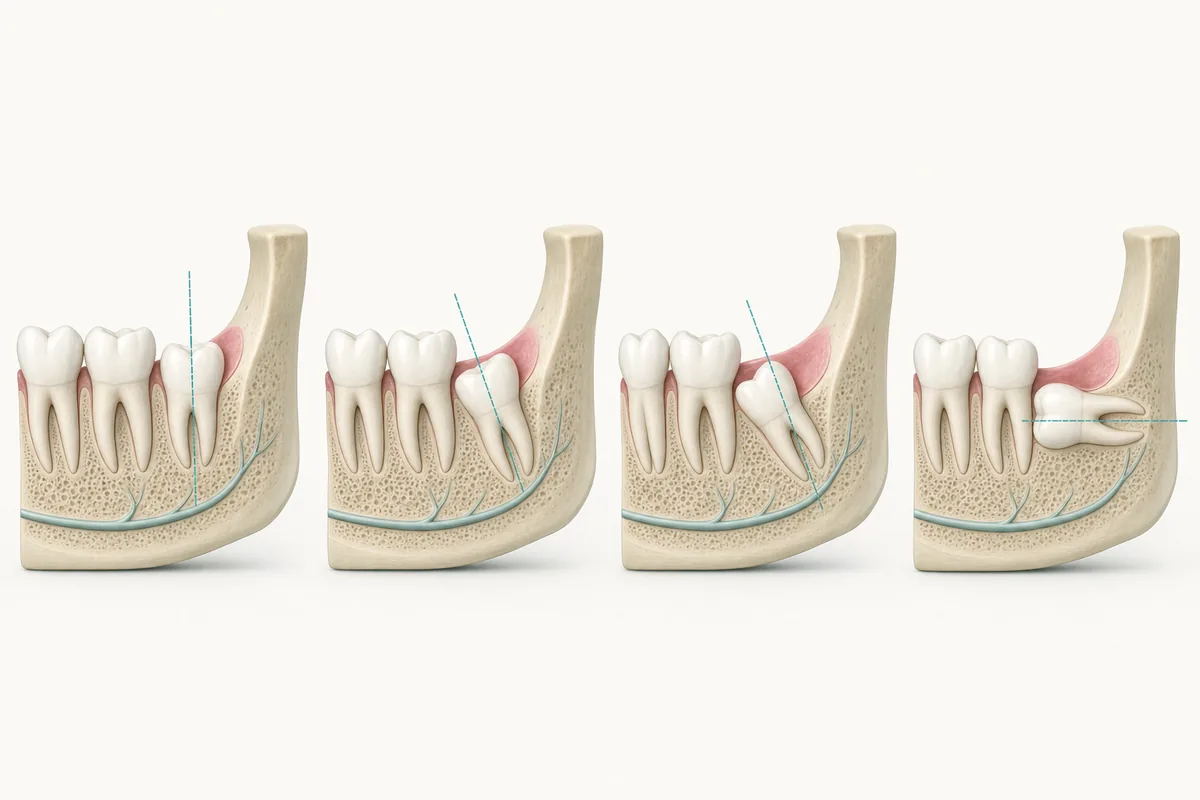 esquema com quatro cortes lado a lado da mesma região, cada um mostrando o siso inferior em uma angulação diferente (vertical, mesioangular, distoangular e horizontal) em relação ao segundo molar, com