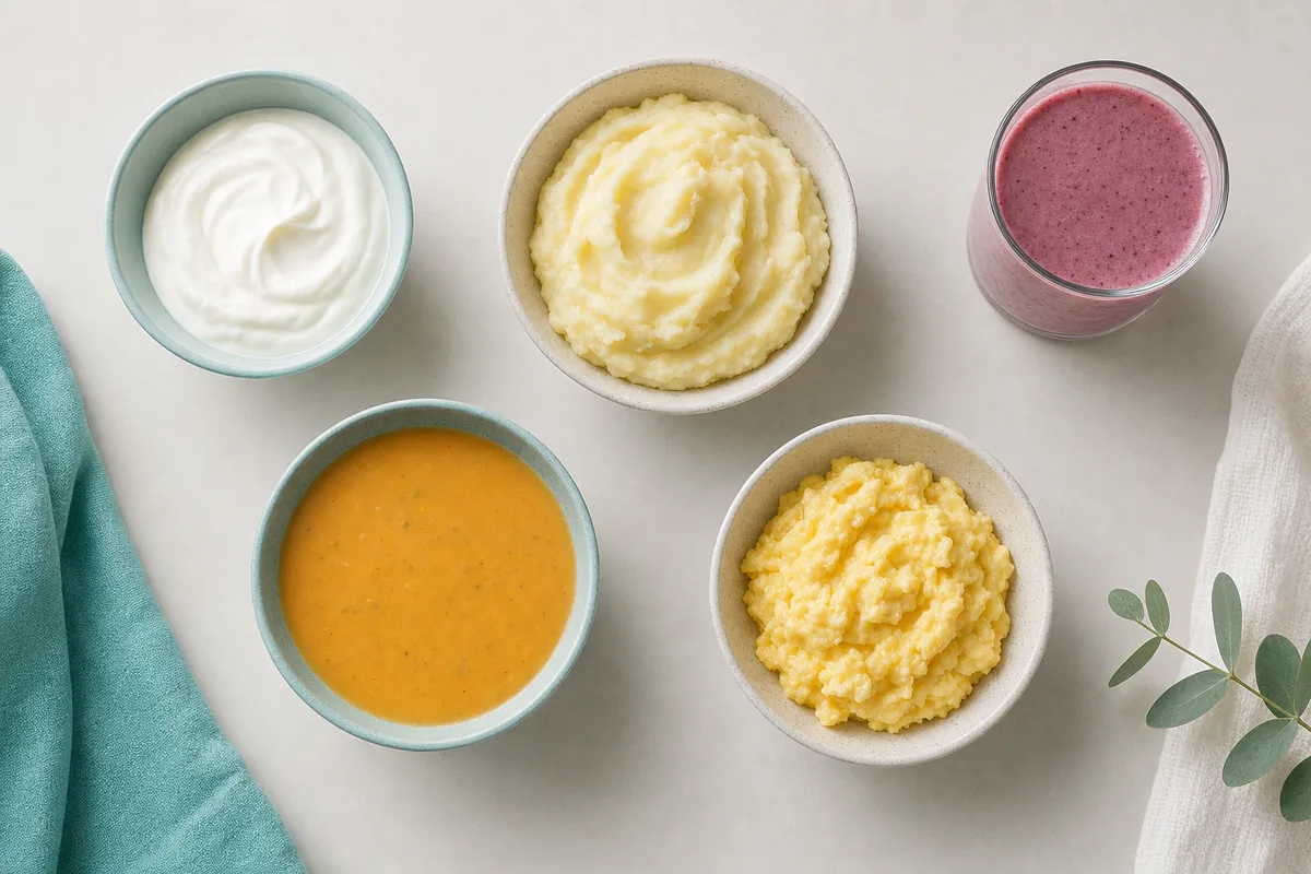 mesa vista de cima com alimentos indicados no pós-operatório do siso: iogurte natural gelado, purê de batata, sopa batida morna, ovos mexidos e vitamina servida em copo, sem canudo