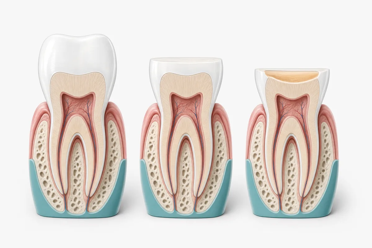 Ilustração esquemática de três estágios de desgaste dental causado por bruxismo