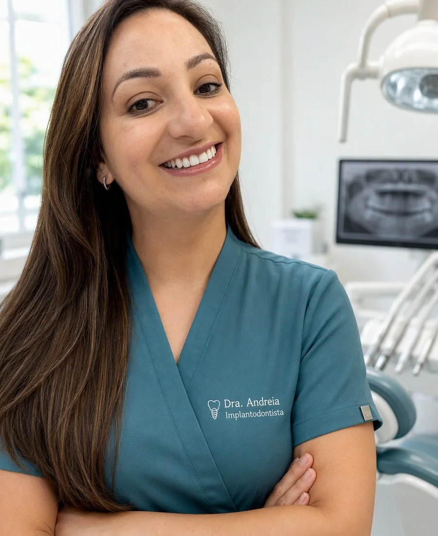 Dra. Andréia Castro, cirurgiã-dentista em São Caetano do Sul, no consultório da clínica