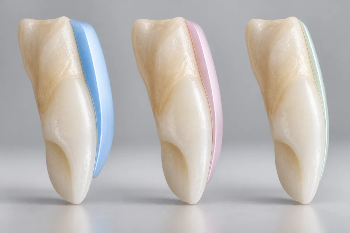 Faceta de resina, faceta de porcelana e lente de contato dental lado a lado, mostrando a diferença de espessura