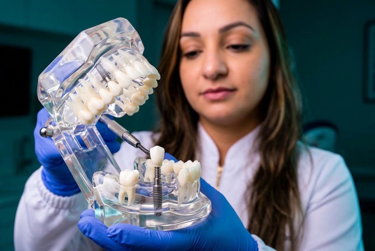 Modelo de mandíbula com implante de titânio e dente provisório sendo parafusado, nas mãos da Dra. Andréia Castro