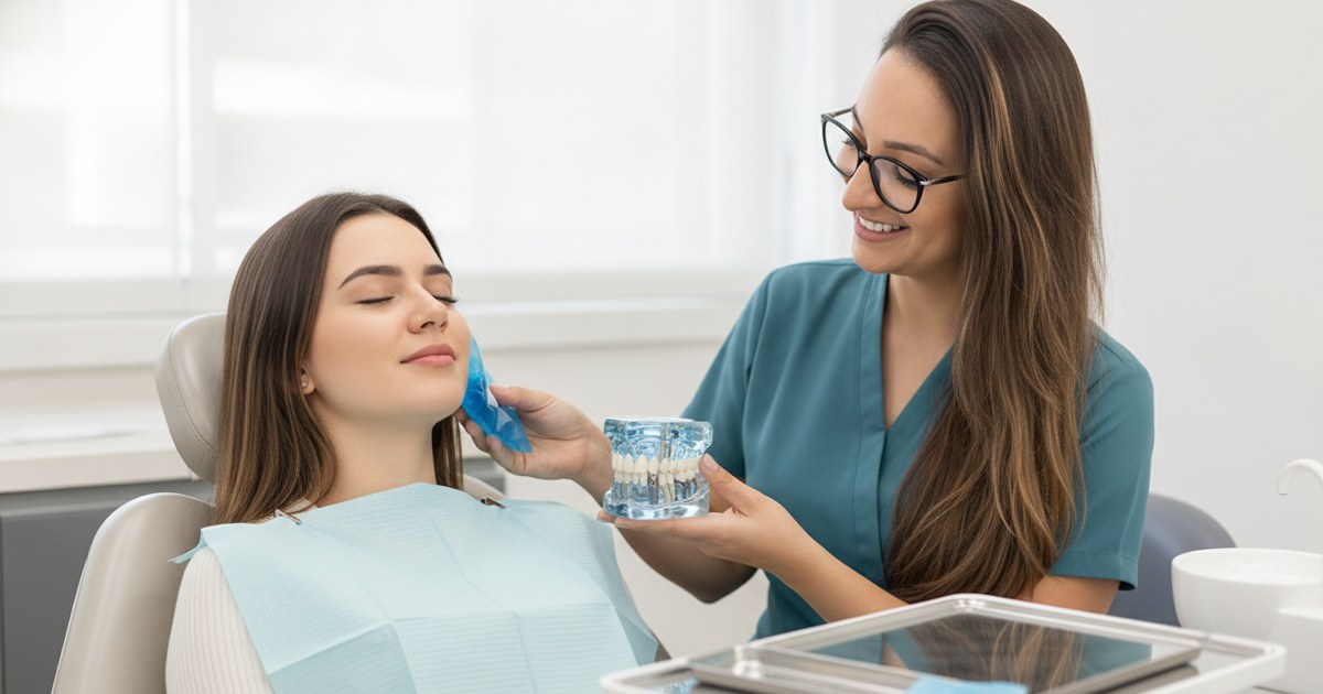Dra. Andréia Castro explica a recuperação do implante dentário com modelo de mandíbula enquanto a paciente usa bolsa de gelo