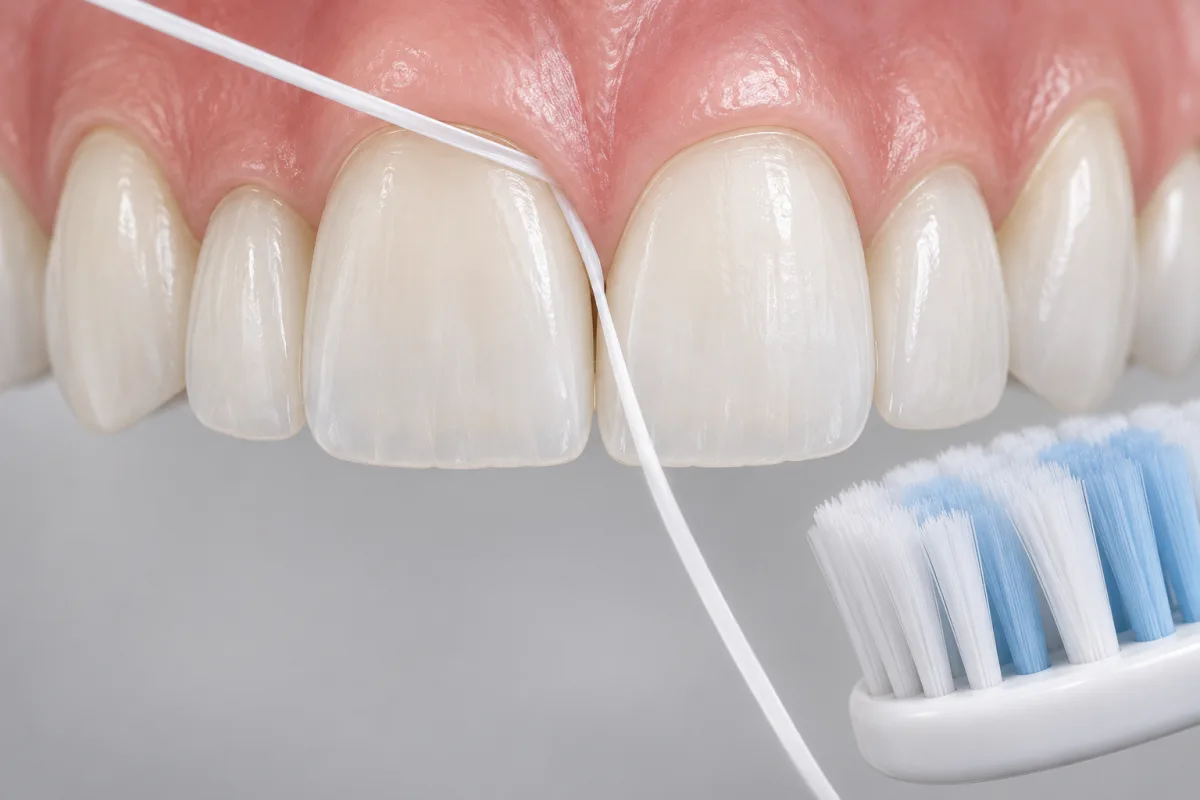 Fio dental passando na margem da faceta junto à gengiva, cuidado diário das lentes de contato dental