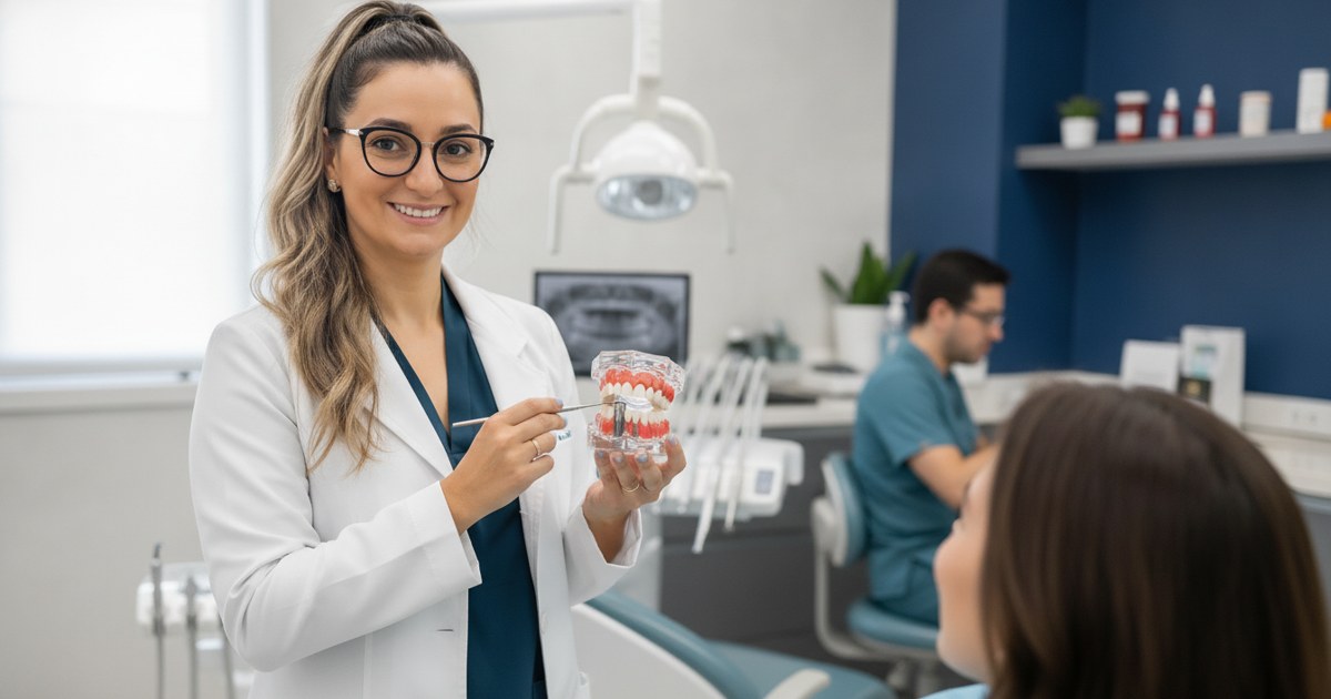 Dra. Andréia Castro mostra em modelo didático a gengiva inflamada ao redor de um implante dentário