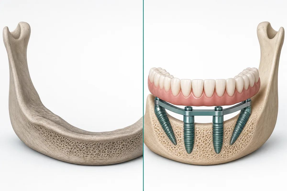 Ilustração comparando a mandíbula sem dentes com osso reabsorvido e a mesma mandíbula com quatro implantes sustentando uma prótese protocolo fixa