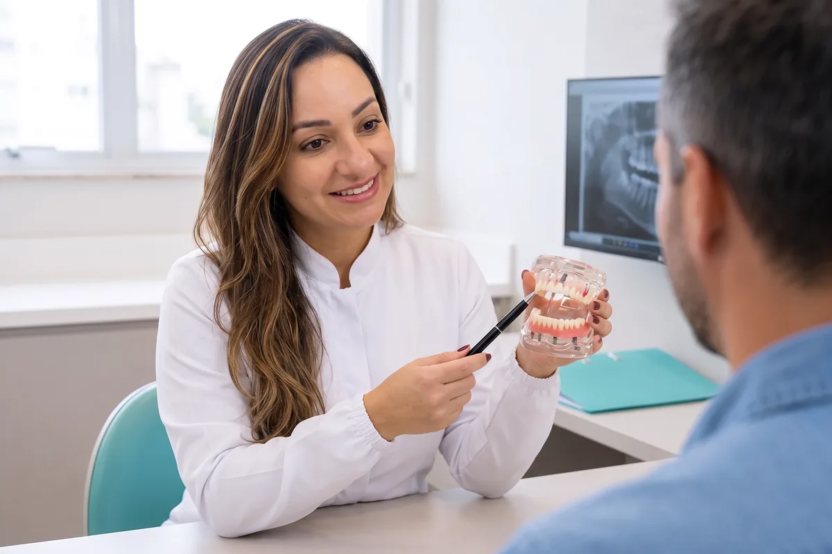 Dra. Andréia Castro mostrando a um paciente um modelo de prótese protocolo fixa sobre implantes