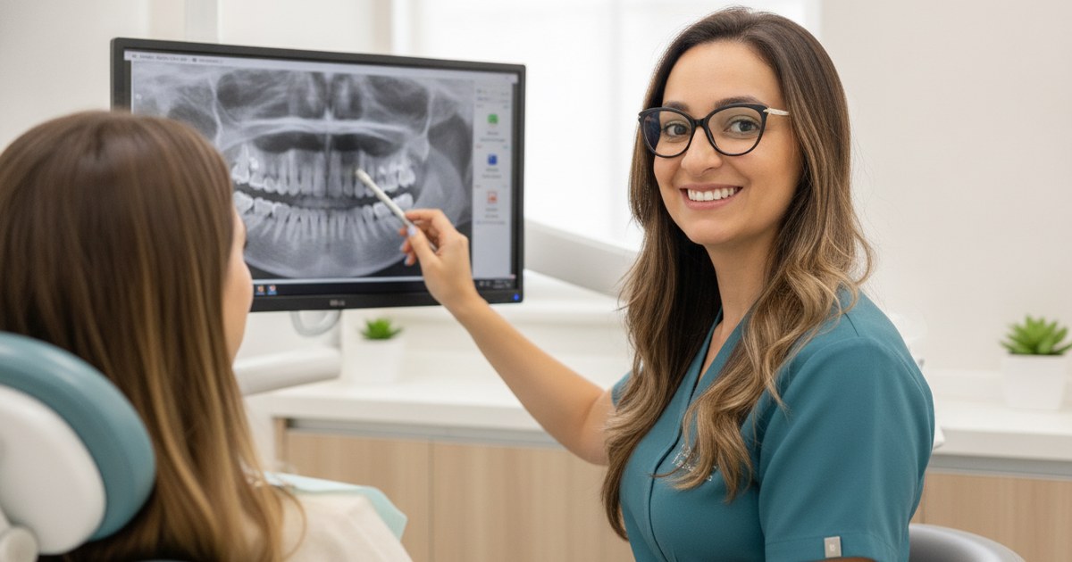 Dra. Andréia Castro mostrando a tomografia do maxilar na tela do computador para uma paciente, durante a avaliação para implante dentário em São Caetano do Sul