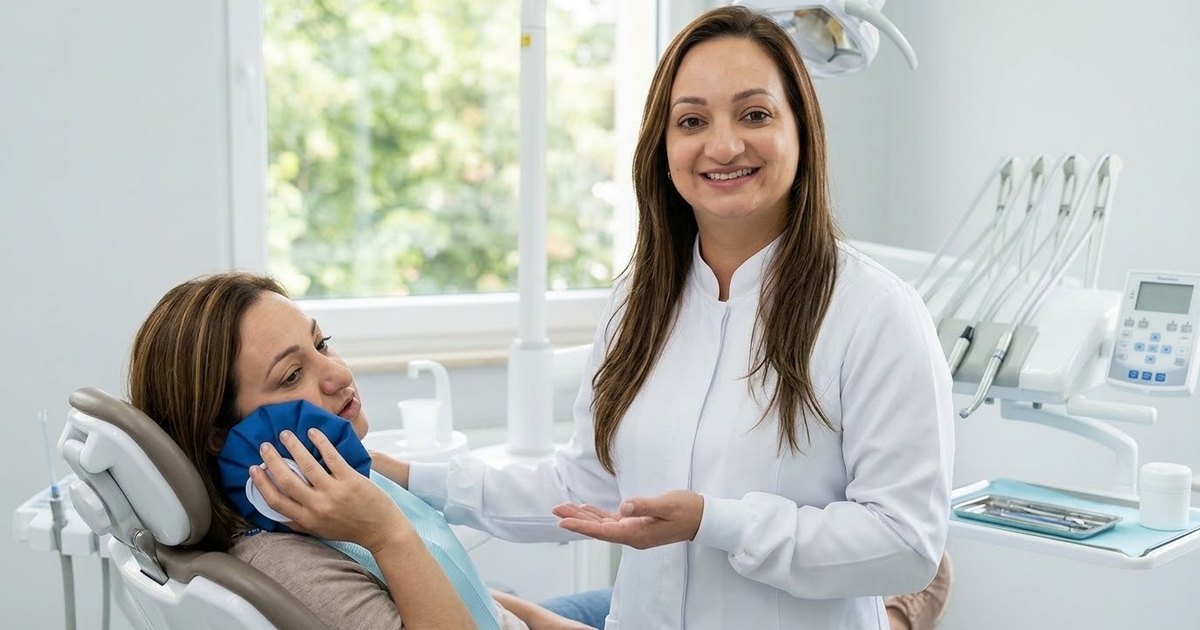 Inchaço após implante dentário: Dra. Andréia Castro orientando paciente com compressa fria no rosto no consultório em São Caetano do Sul