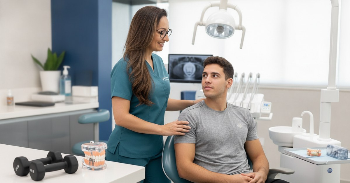 Halteres e modelo de mandíbula com implante dentário em primeiro plano, com a Dra. Andréia Castro conversando com paciente atlético ao fundo sobre musculação após implante dentário