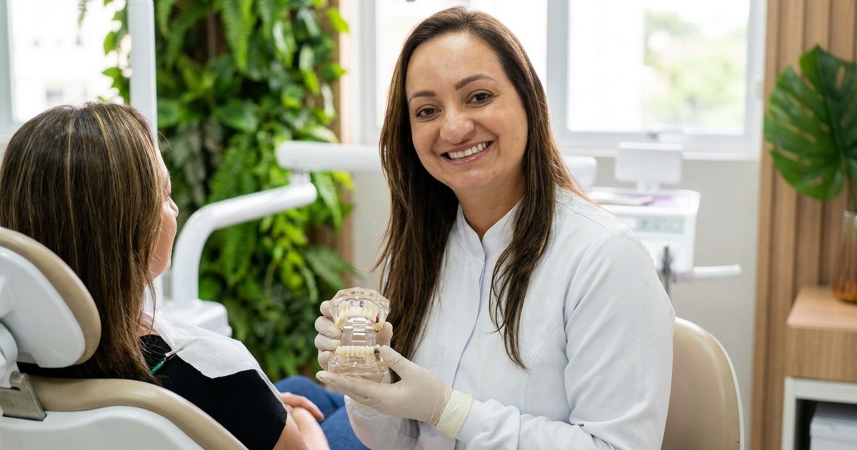 Prótese provisória sobre implante: Dra. Andréia Castro mostrando a uma paciente um modelo de arcada com prótese provisória, no consultório em São Caetano do Sul