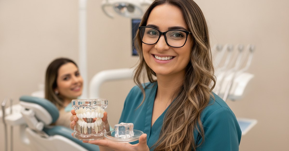 Dra. Andréia Castro mostrando a uma paciente um modelo de mandíbula com implante e coroa, sentadas na cadeira do consultório em São Caetano do Sul